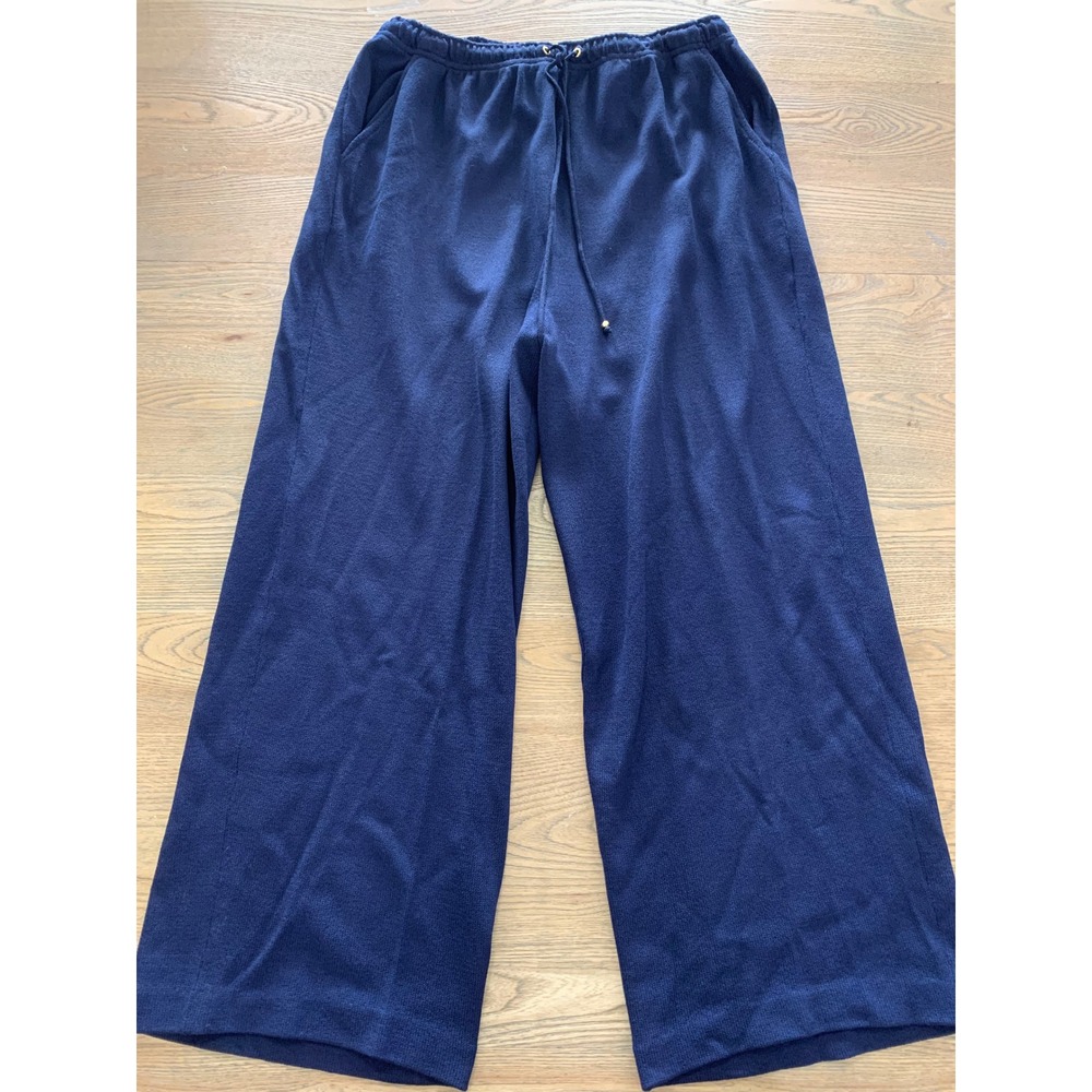 St John Sport Marie Gray Navy Blue Santana Knit Wide Leg Drawstring Pants Large
